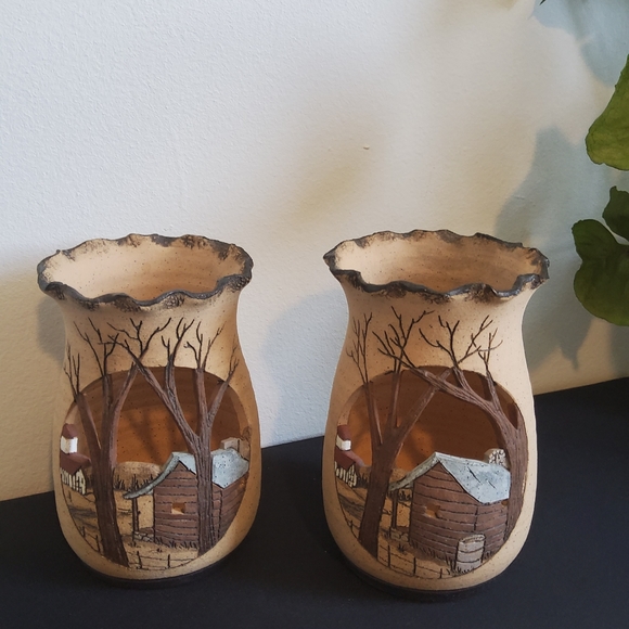 Barbara Bates Sgraffito Stoneware Candle Holder, set of 2 - Picture 2 of 7